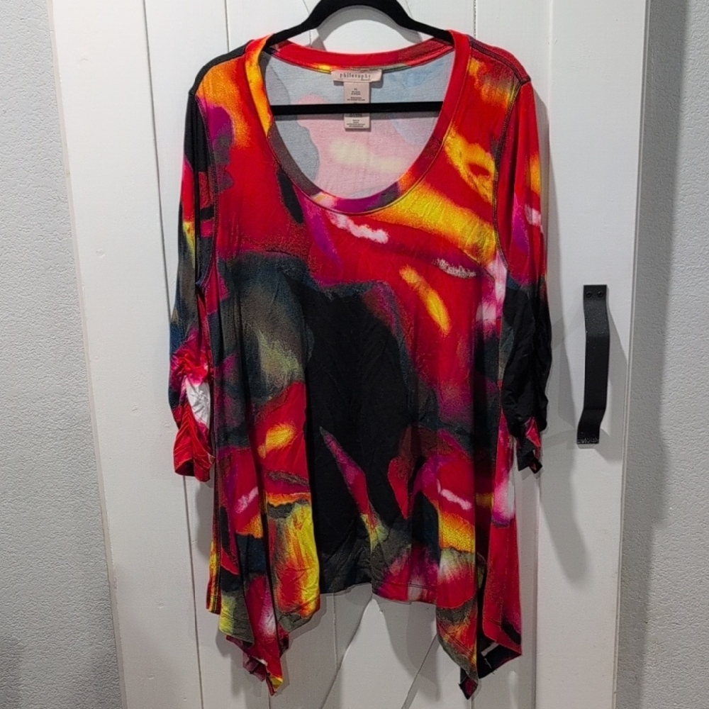 Philosophy Republic Clothing Bold Red and Black Women's Tunic, 3/4 Sleeves Sz XL